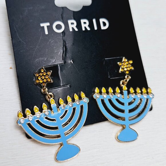 Torrid Hanukkah Menorah Earrings Pierced Blue w/ rhinestone - Picture 1 of 6